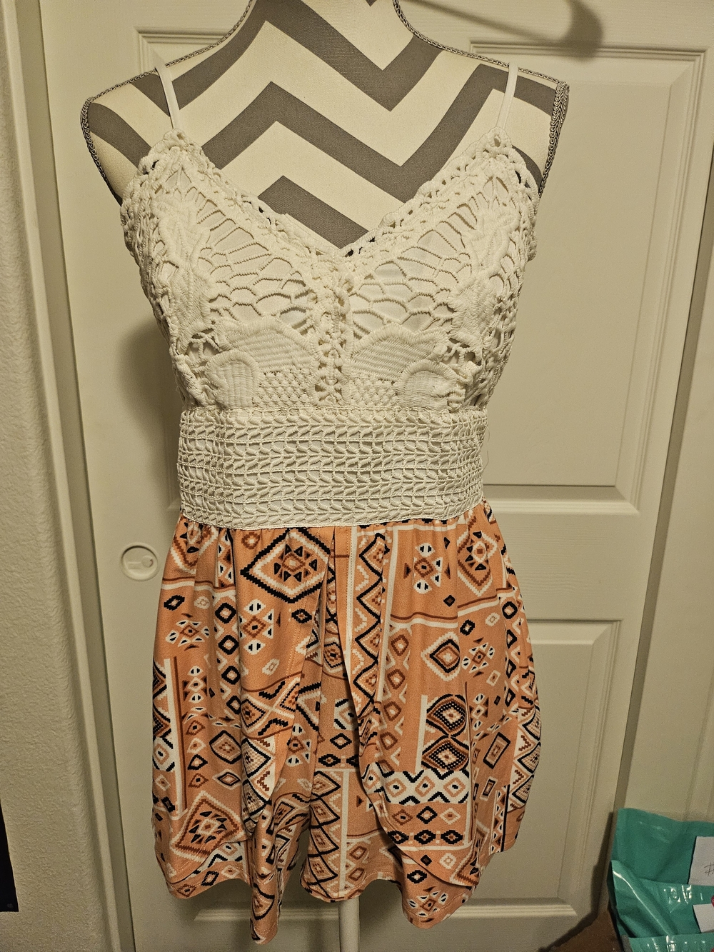 Derek Heart White Crochet Bodice with Peach Printed Skirt